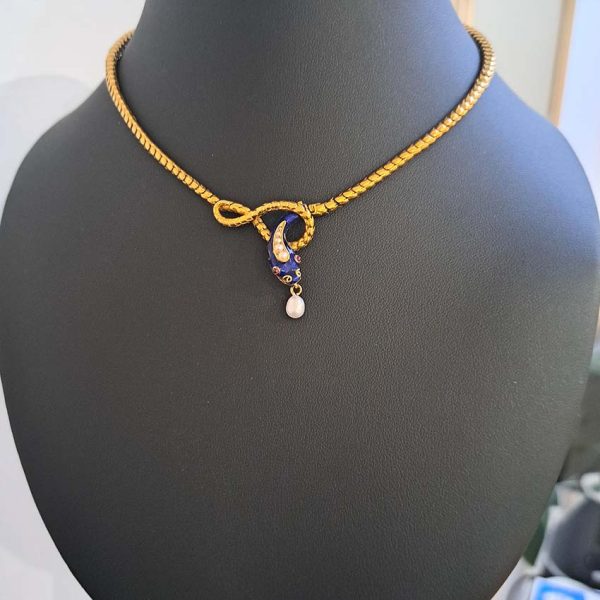 Victorian Antique Gold Snake Necklace with Pearl and Blue Enamel