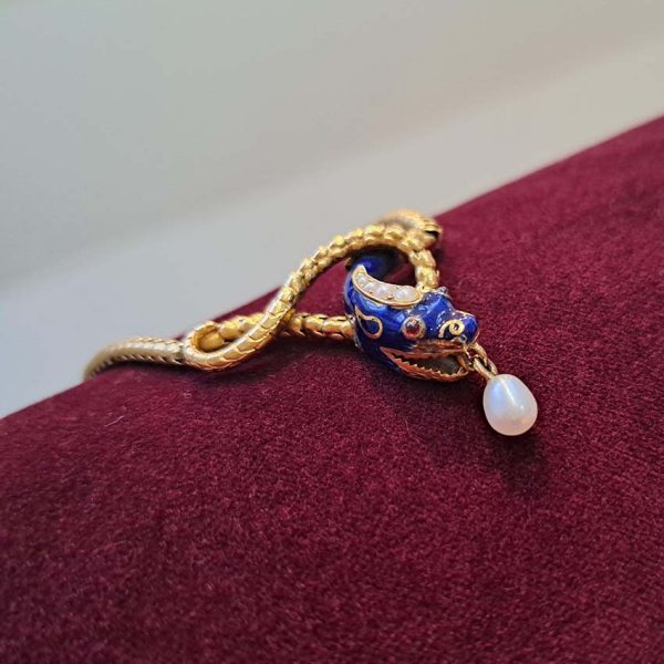 Victorian Antique Gold Snake Necklace with Pearl and Blue Enamel