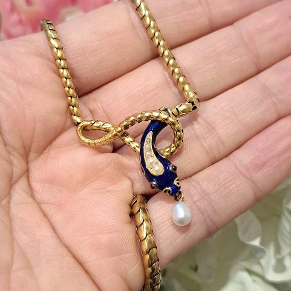 Victorian Antique Gold Snake Necklace with Pearl and Blue Enamel