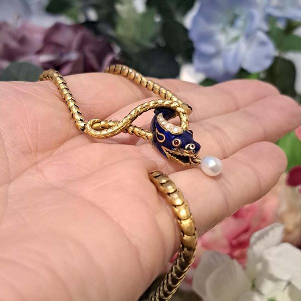 Victorian Antique Gold Snake Necklace with Pearl and Blue Enamel