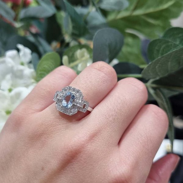 Aquamarine and Diamond Cluster Dress Ring with Buckle Shoulders