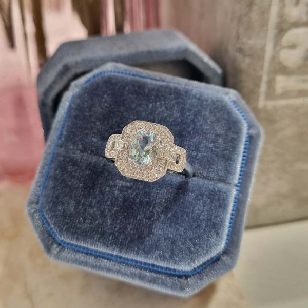 Aquamarine and Diamond Cluster Dress Ring with Buckle Shoulders