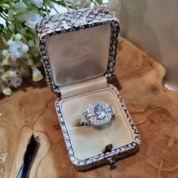 Aquamarine and Diamond Cluster Dress Ring with Buckle Shoulders