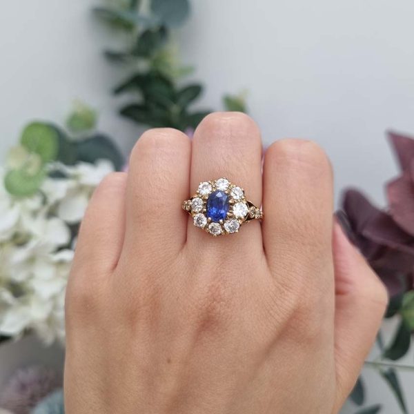Antique Style 1.70ct Sapphire and Diamond Crown Cluster Engagement Ring in 18ct Yellow Gold