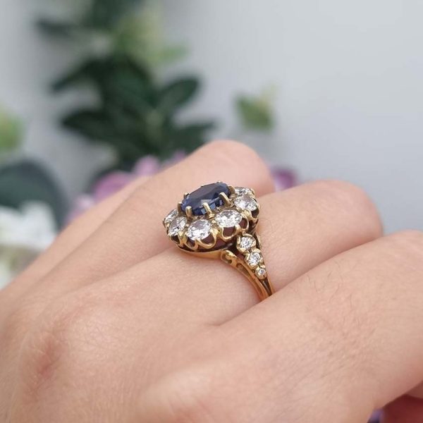 Antique Style 1.70ct Sapphire and Diamond Crown Cluster Engagement Ring in 18ct Yellow Gold