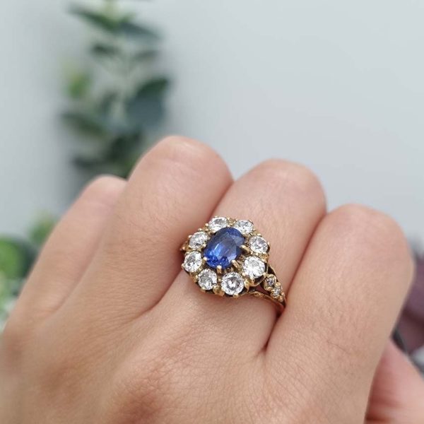 Antique Style 1.70ct Sapphire and Diamond Crown Cluster Engagement Ring in 18ct Yellow Gold