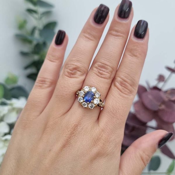 Antique Style 1.70ct Sapphire and Diamond Crown Cluster Engagement Ring in 18ct Yellow Gold