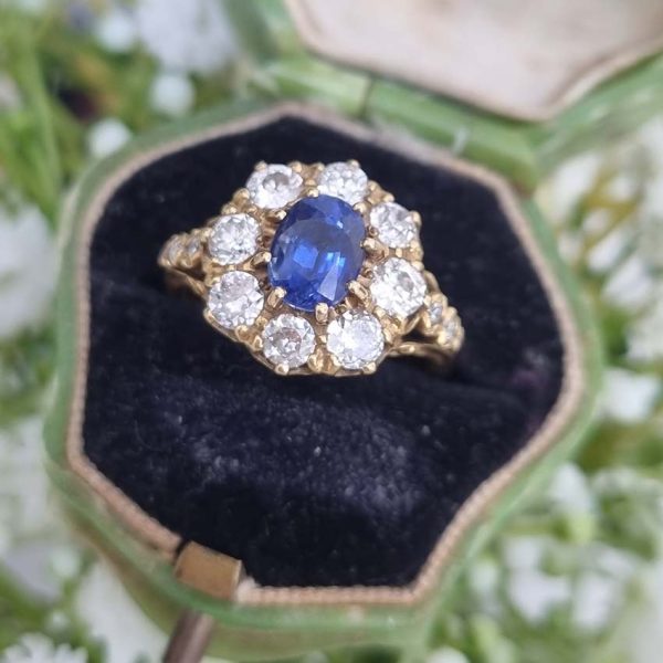 Antique Style 1.70ct Sapphire and Diamond Crown Cluster Engagement Ring in 18ct Yellow Gold