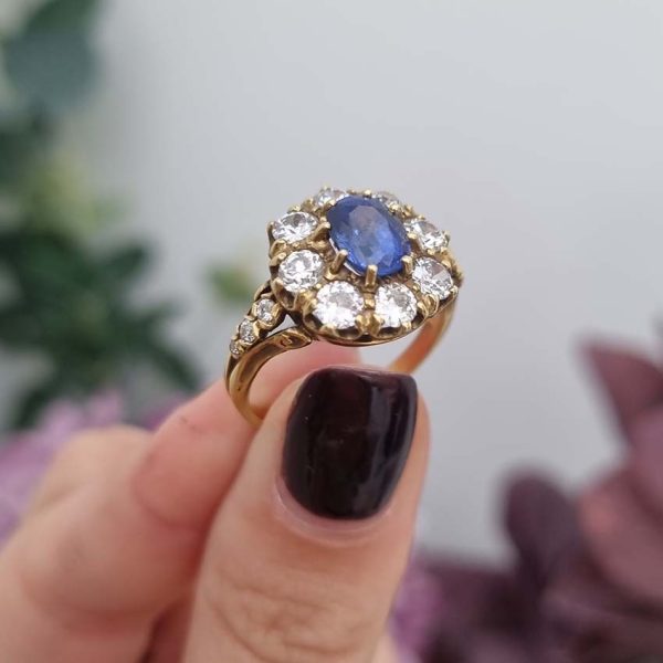 Antique Style 1.70ct Sapphire and Diamond Crown Cluster Engagement Ring in 18ct Yellow Gold