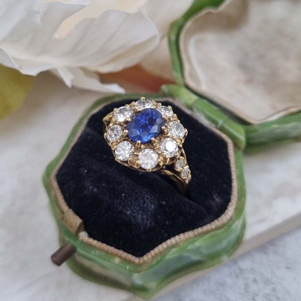 Antique Style 1.70ct Sapphire and Diamond Crown Cluster Engagement Ring in 18ct Yellow Gold