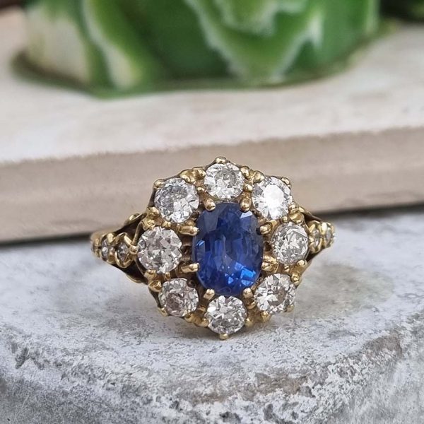 Antique Style 1.70ct Sapphire and Diamond Crown Cluster Engagement Ring in 18ct Yellow Gold