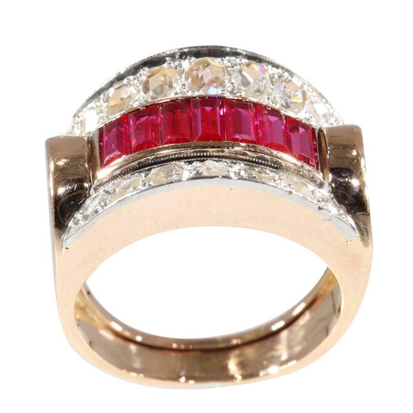 Vintage ruby and diamond ring in rose gold.