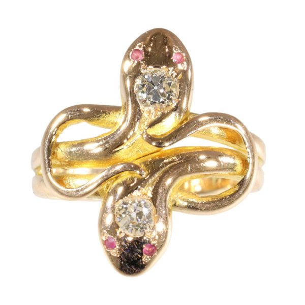Double snake ring with diamonds and rubies in gold.