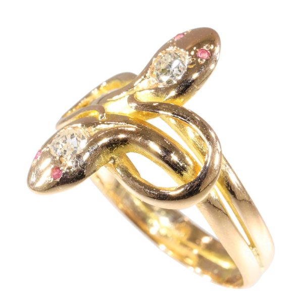 Double snake ring with diamonds and rubies in gold.