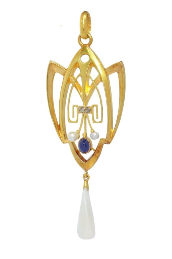 Art Nouveau pendant with diamonds, sapphire and pearls in gold.