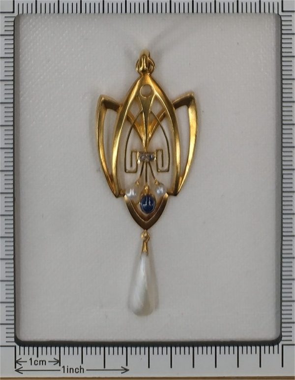 Art Nouveau Pendant With Diamonds, Sapphire, And Rare Pearl In Yellow Gold