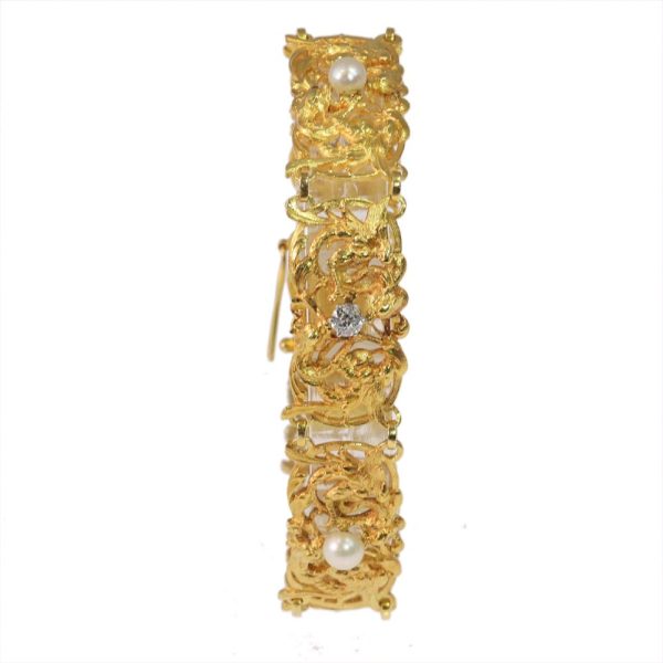 Victorian Gold Bracelet With Griffins, Old Cut Diamonds And Pearls