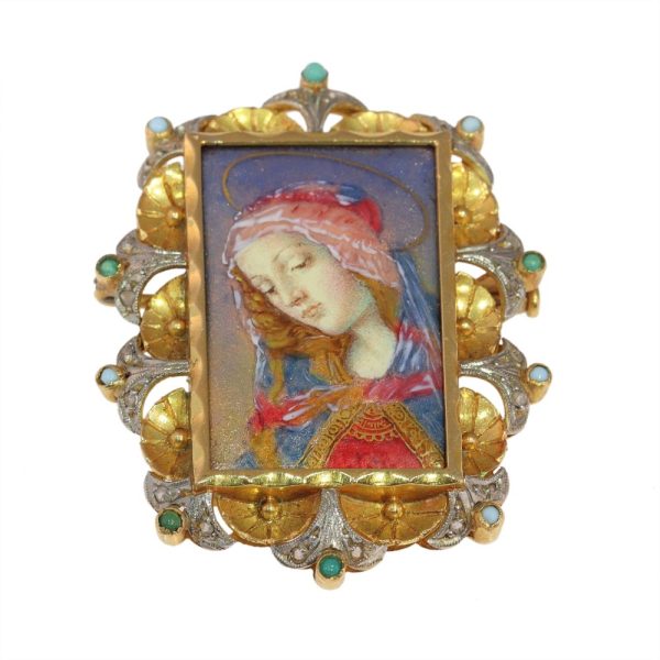 Vintage enamel brooch in yellow and white gold.