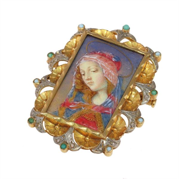 Vintage enamel brooch in yellow and white gold.