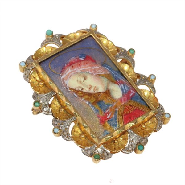Vintage enamel brooch in yellow and white gold.