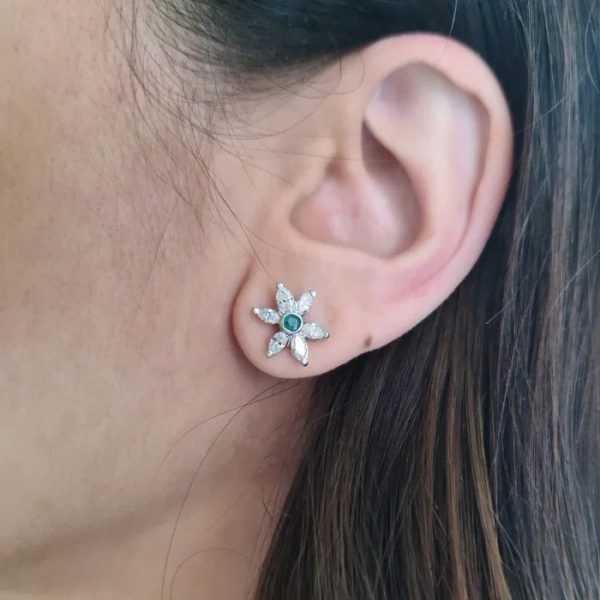 Emerald and Marquise Diamond Flower Cluster Stud Earrings in White Gold, Gemstones upcycled from vintage 1960s eternity ring