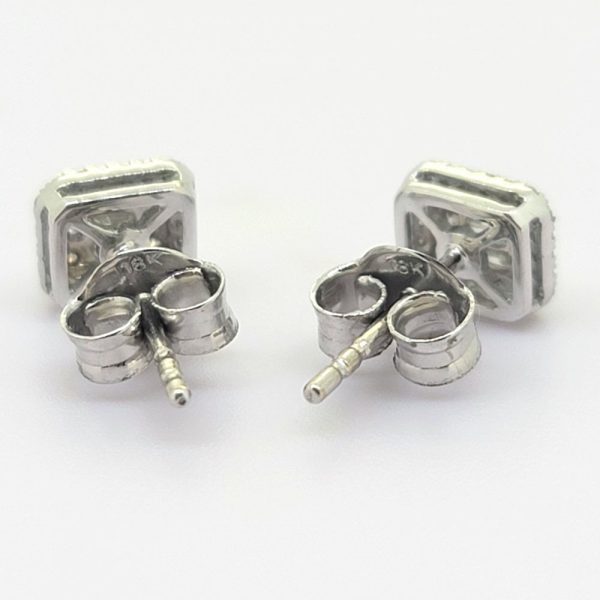 Illusion Set Diamond Cluster Stud Earrings, 0.30 carats, rectangular shaped pair of earrings set with round brilliant and baguette diamonds in 18ct white gold