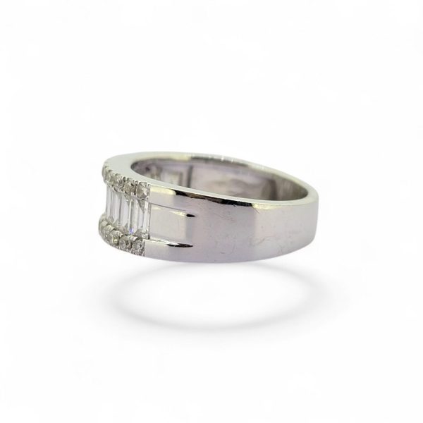 Baguette and Brilliant Diamond Set Band Ring in 18ct White Gold, central row of baguette-cut diamonds flanked top and bottom with round brilliant-cut diamonds in contemporary wide half eternity design