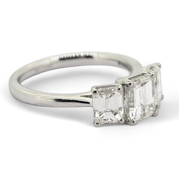 Emerald Cut Three Stone Diamond Engagement Ring in Platinum, 2.34 carats, 1.14ct G VS2 emerald-cut diamond flanked by 1.20cts diamonds, 0.60ct each side