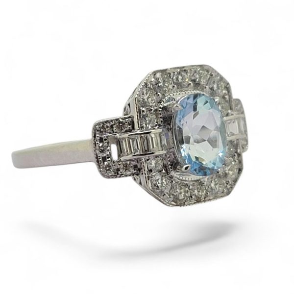 Aquamarine and Diamond Cluster Dress Ring with Buckle Shoulders