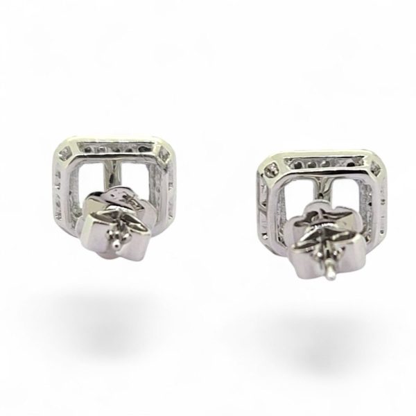 Aquamarine and Diamond Cluster Stud Earrings, 1.94ct emerald-cut aquamarines surrounded by diamond halos in 18ct white gold