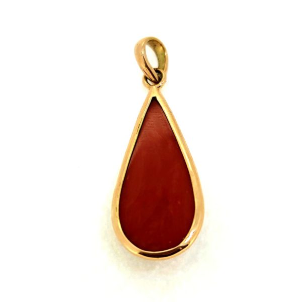 Pear Shaped Cabochon Cut Natural Coral Pendant in 14ct yellow gold