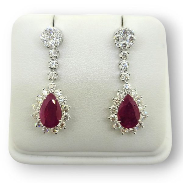 2.78ct Pear Cut Ruby and Diamond Cluster Drop Earrings, teardrop ruby and diamond cluster long earrings in 18ct white gold