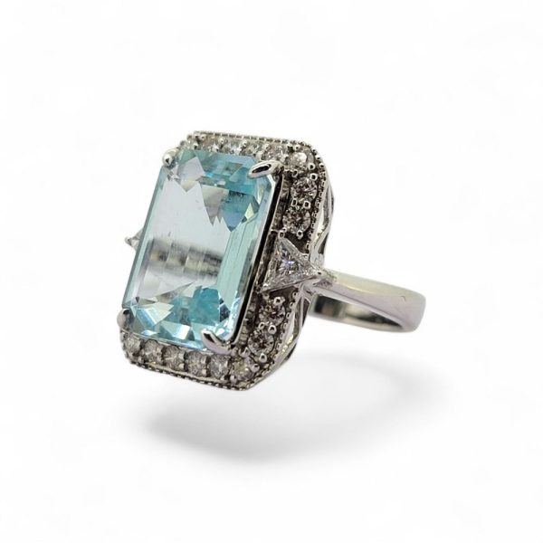 7.40ct Emerald Cut Aquamarine and Diamond Cluster Dress Ring in 18ct White Gold