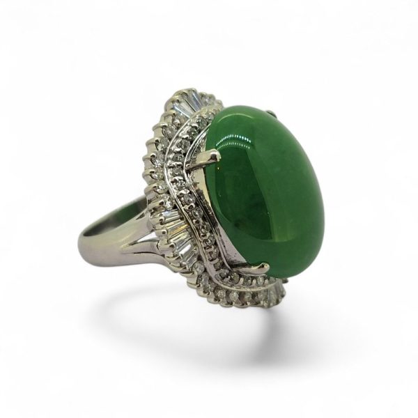 Certified 15cts Jadeite Jade and Diamond Ballerina Cluster Ring in Platinum, certified 15ct oval cabochon-cut jadeite jade within ballerina surround of brilliant and baguette-cut diamonds