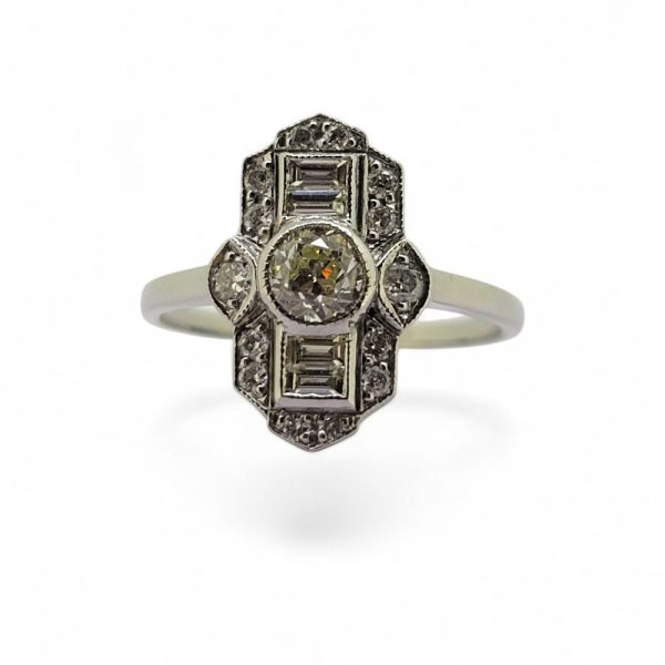 Art Deco Diamond Cluster Tablet Plaque Ring in Platinum, old-cut diamond set central to a line of baguette diamonds all within sparkling diamond surround