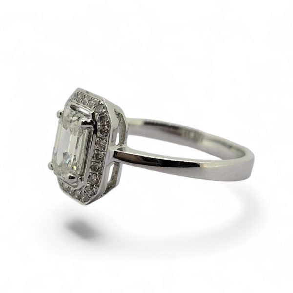 0.87ct Emerald Cut Diamond Cluster Engagement Ring in 18ct White Gold