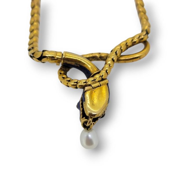 Victorian Antique Gold Snake Necklace with Pearl and Blue Enamel, yellow gold necklace with snake head pendant decorated with blue enamel and pearls
