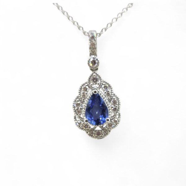 Pear Cut Sapphire and Diamond Cluster Pendant with Chain, teardrop sapphire surrounded by diamonds with diamond set bail