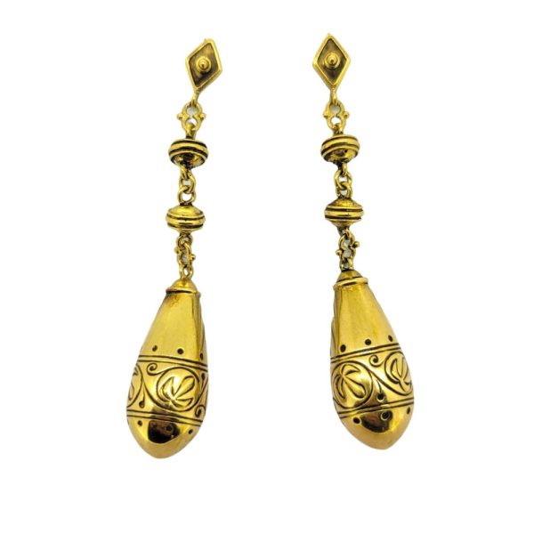 Victorian Antique 15ct Gold Torpedo Drop Earrings, pair of Victorian long drop earrings, approximately 6.5cm in length Test as 15ct gold