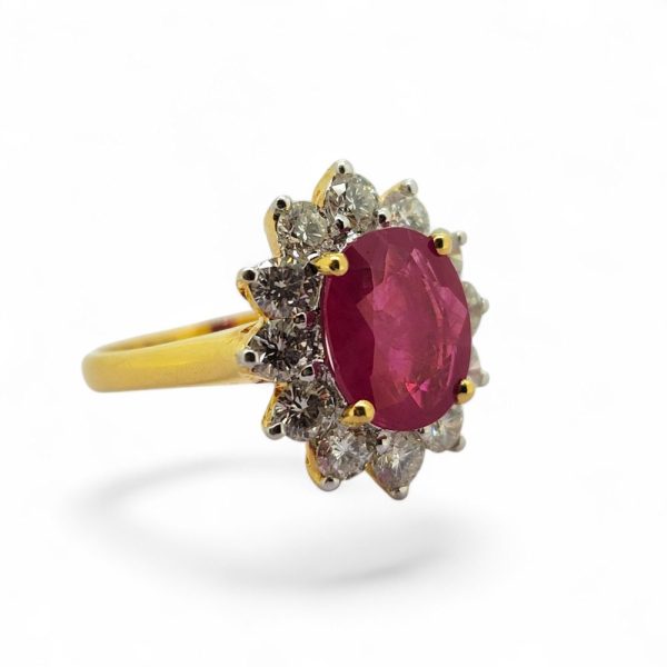 3.30ct Oval Ruby and Diamond Cluster Engagement Ring in 18ct Yellow Gold
