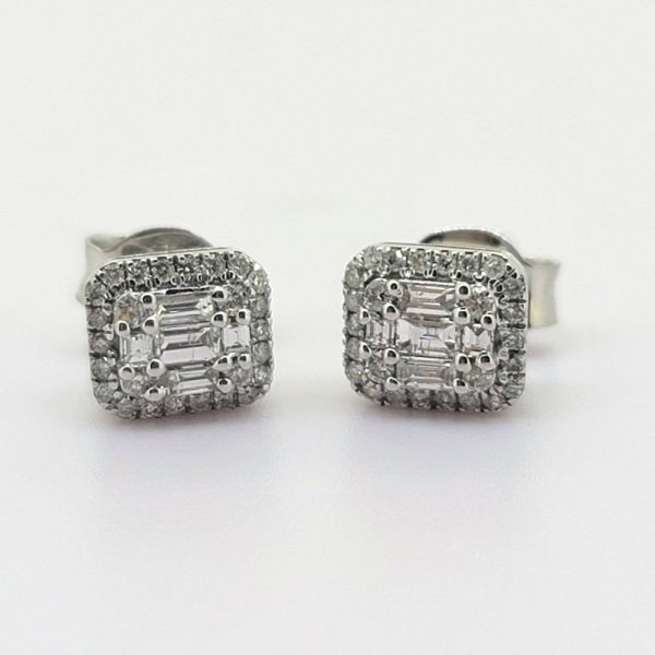 Illusion Set Diamond Cluster Stud Earrings, 0.30 carats, rectangular shaped pair of earrings set with round brilliant and baguette diamonds in 18ct white gold
