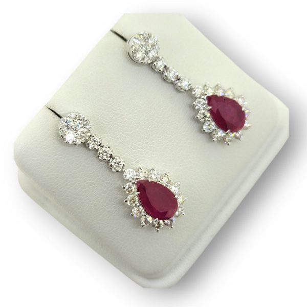 2.78ct Pear Cut Ruby and Diamond Cluster Drop Earrings, teardrop ruby and diamond cluster long earrings in 18ct white gold