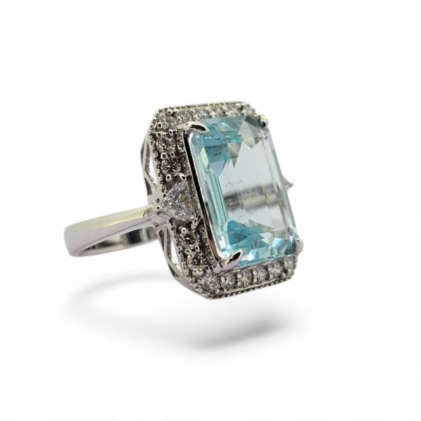 7.40ct Emerald Cut Aquamarine and Diamond Cluster Dress Ring in 18ct White Gold