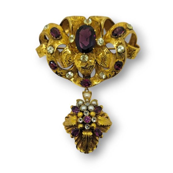 Antique Almandine Garnet and Chrysoberyl Pendant Brooch in Yellow Gold