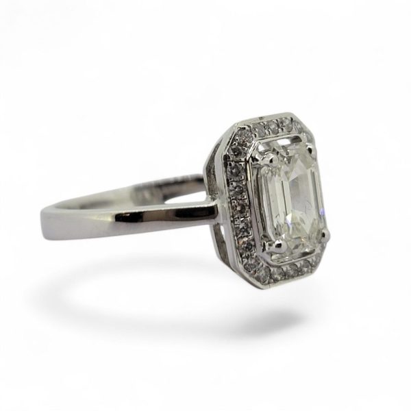 0.87ct Emerald Cut Diamond Cluster Engagement Ring in 18ct White Gold