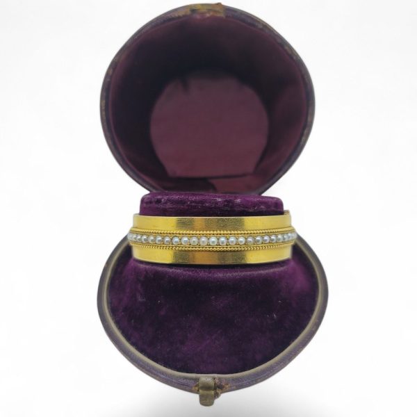 Victorian Antique Pearl and Gold Bangle Bracelet in Fitted Boxed, striking wide gold bangle set with a central row of pearls accented with gold beading