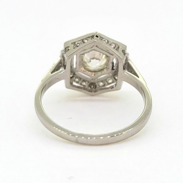 Hexagonal Diamond Cluster Engagement Ring in Platinum, 1.15 carats, 0.75ct diamond surrounded by fixed border of brilliant-cut diamonds with baguette-cut diamonds to each side