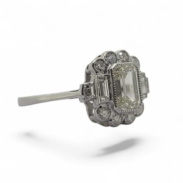 0.99ct Emerald Cut Diamond Floral Cluster Engagement Ring in 18ct White Gold