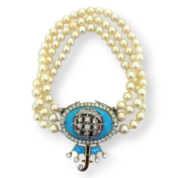 Akoya Pearl Bracelet with Blue Enamel Ruby and Diamond Clasp, Three rows of Akoya pearls to blue enamel clasp with diamond set sailing vessel and crown with letter 'F' in rubies