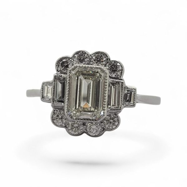 0.99ct Emerald Cut Diamond Floral Cluster Engagement Ring in 18ct White Gold